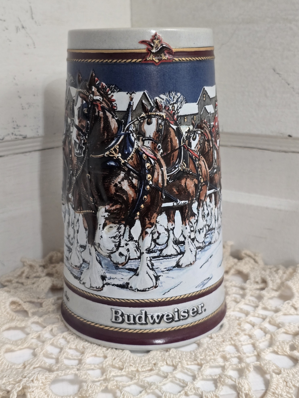 1989 Budweiser Burgundy Handle White Stein with Gold Accents